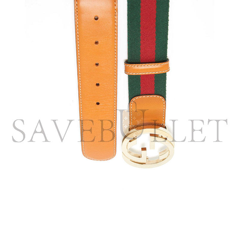GUCCI TAN LEATHER AND WEB CANVAS INTERLOCKING G BUCKLE BELT 95 CM 
